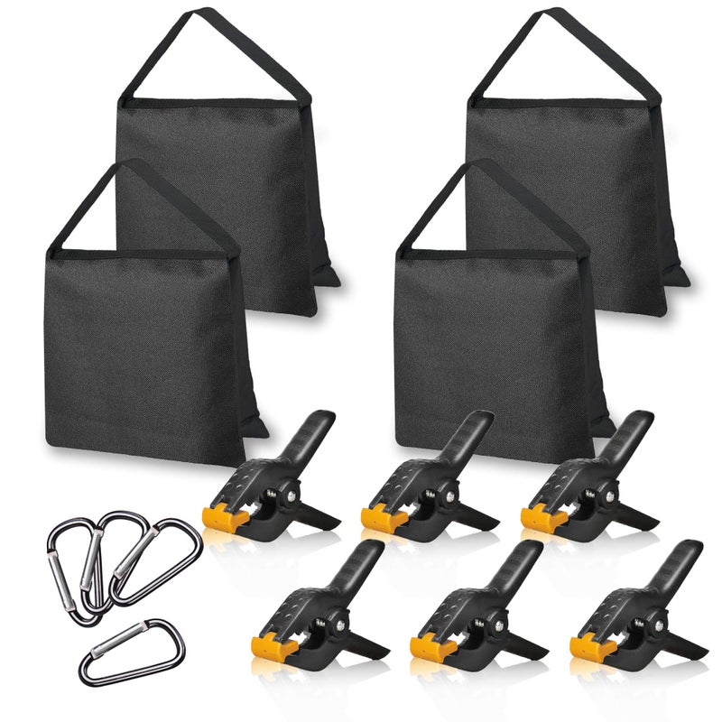 EMART 4 Packs Sand Bags Heavy Duty Sandbags Photography Accessories with 6 Spring Clamps for Backdrop Stand, Light Stand, Photo Tripod, Canopy Weights, Party Pop Up Tent, Fishing Chair, Camping-Black - Image 1